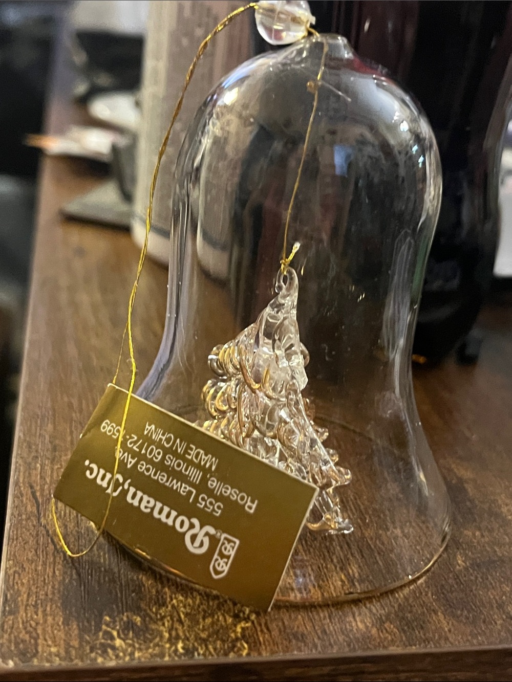 Glass Bell Ornament with Clear Tree and Gold Accent by Roman Inc. 354